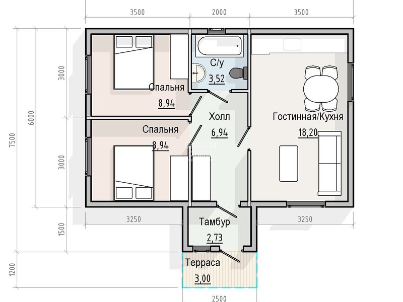 Проект одноэтажного каркасного дома 9х6 - планировка