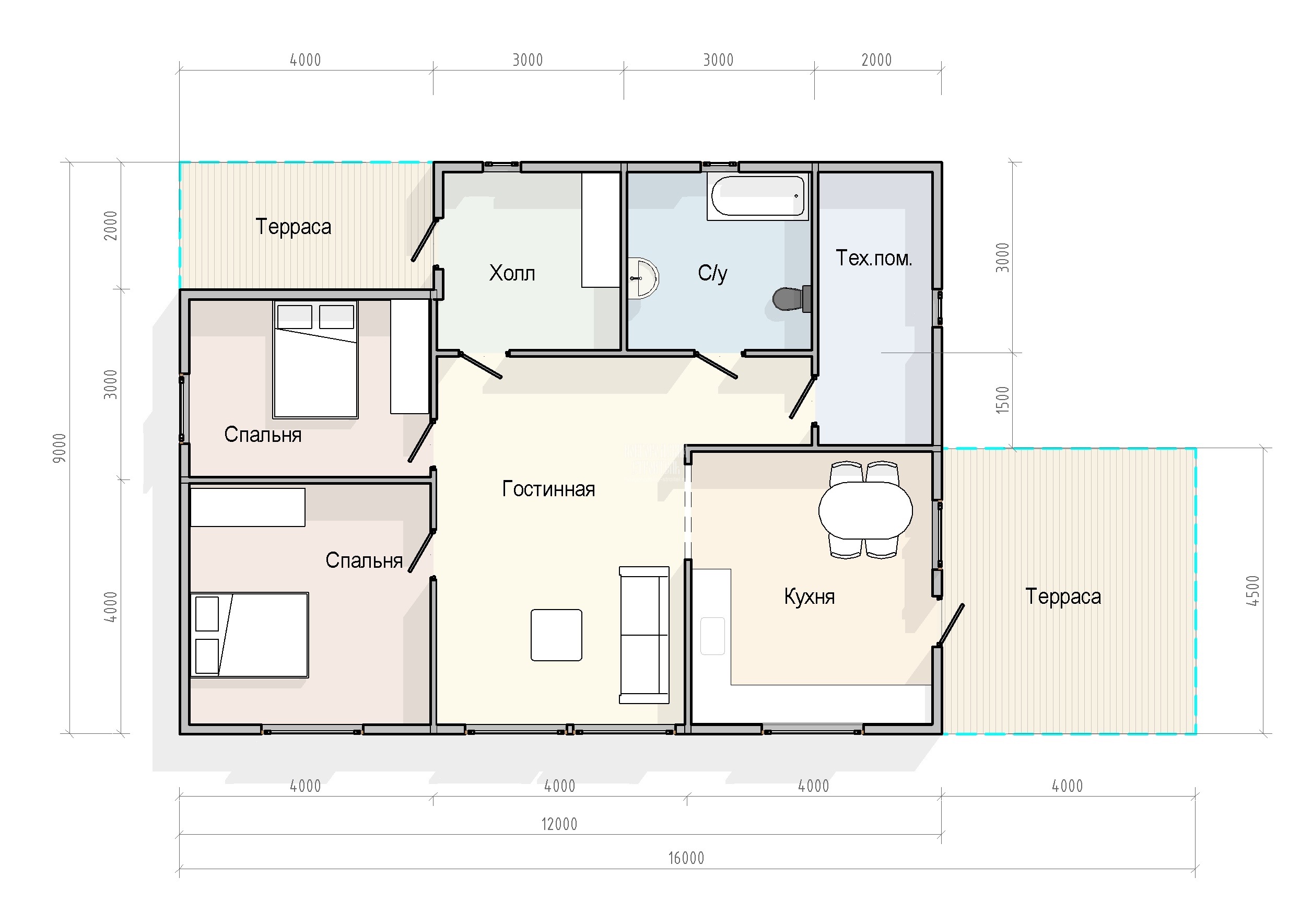 Проект одноэтажного каркасного дома 9х12 с террасой и котельной - планировка