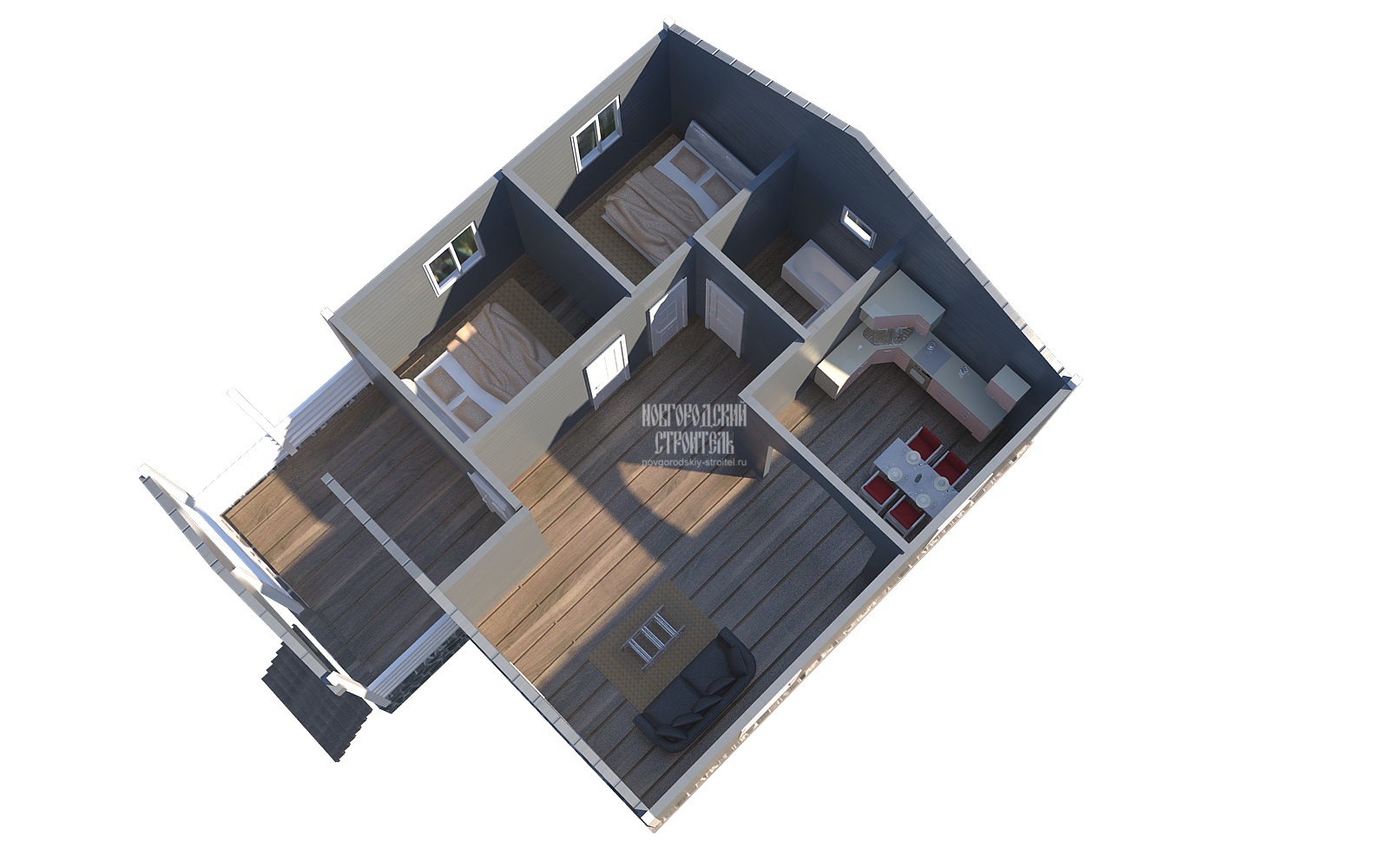 Одноэтажный каркасный дом 8х8 - визуальный план