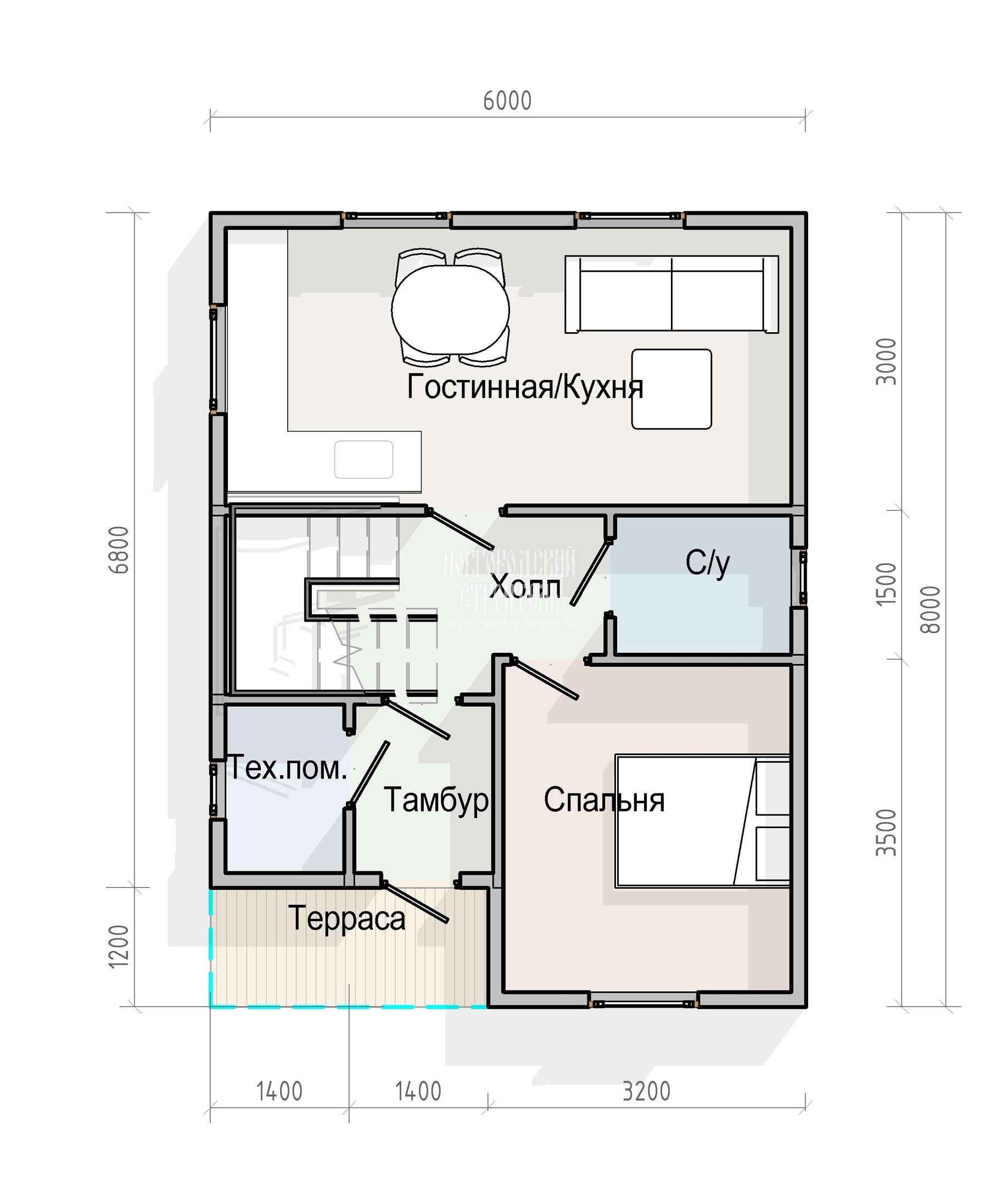 Проект каркасного дома 6х8 в 1.5 этажа - планировка