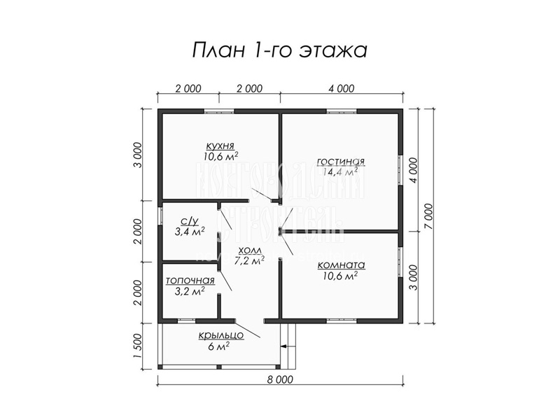 План 1 одноэтажного каркасного дома 8 на 7 м